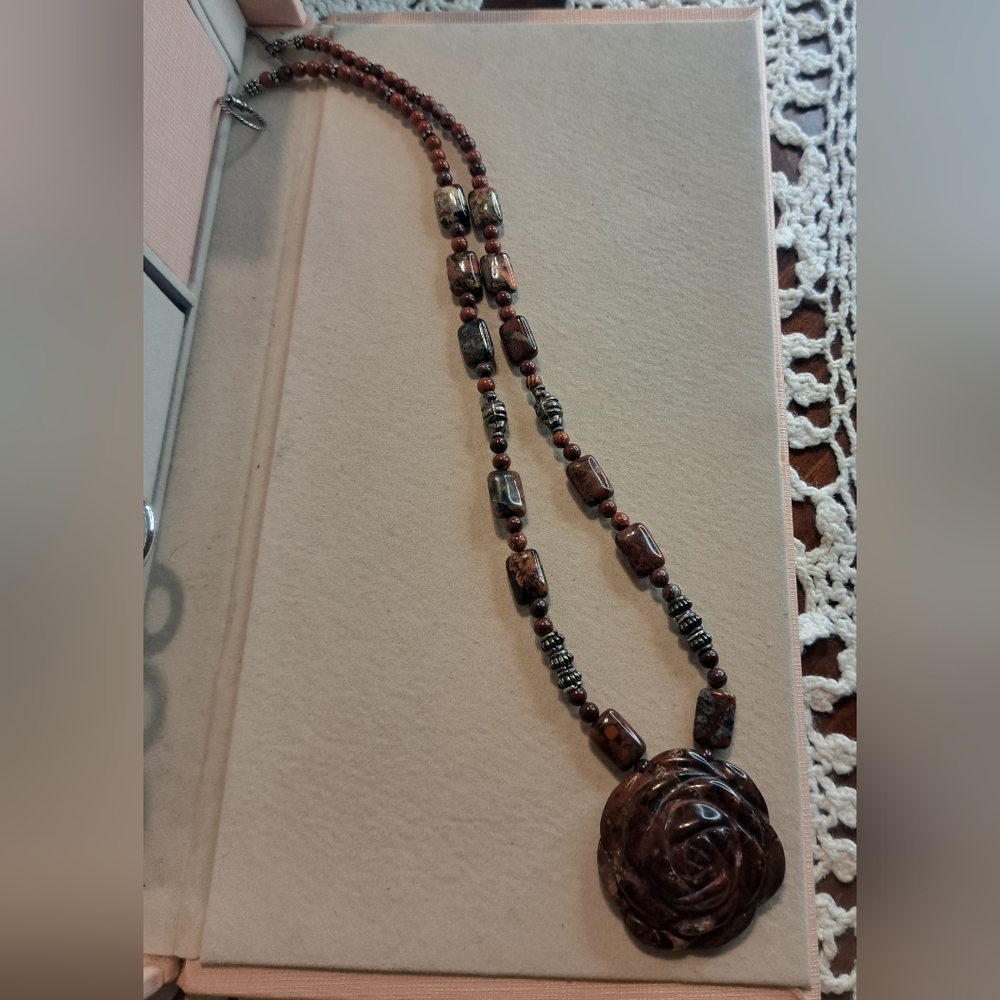 Artisan Beaded And Carved Large Jasper Stone Rose Necklace Brown Bohemian 20"L
